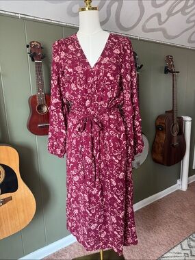 Target Burgundy Floral Wrap Midi Long-Sleeve Dress
